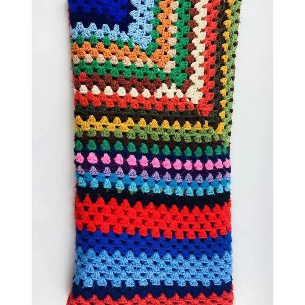 Vintage ONE Granny Square Afghan Crochet Blanket Throw Bright Multicolor Retro H
